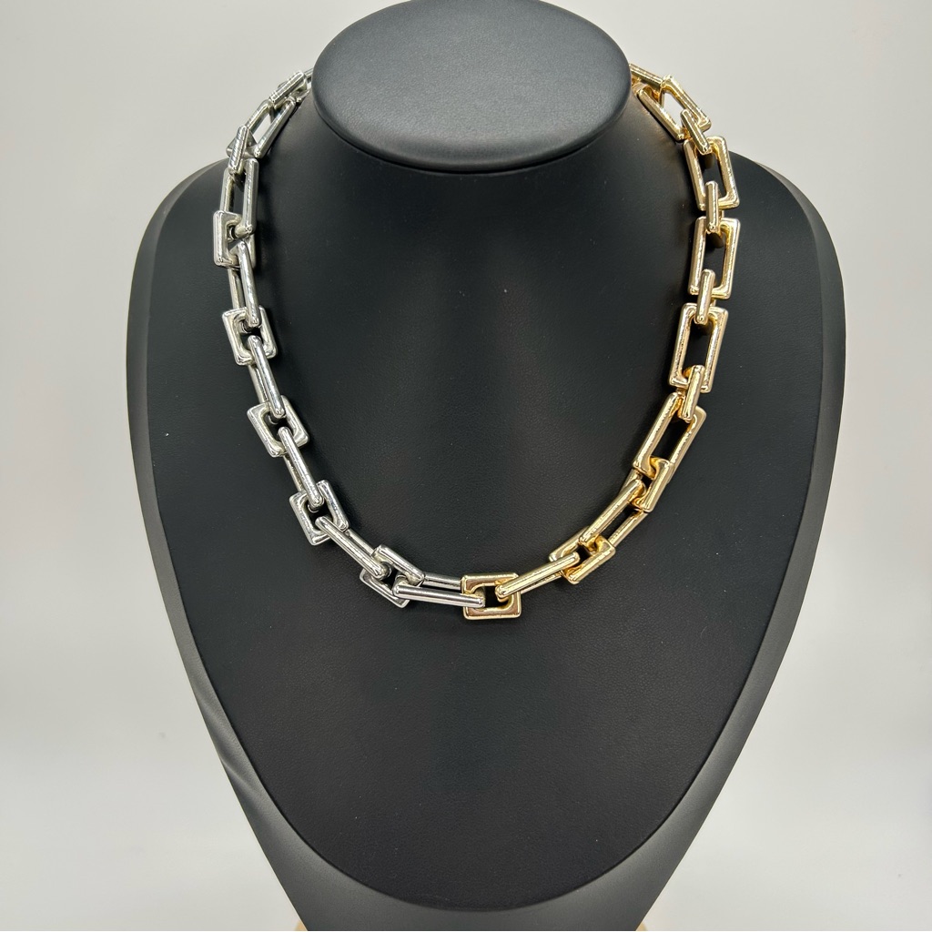 Twotone Link Chain Necklace  Silver  Gold Tone Statement  Adjustable